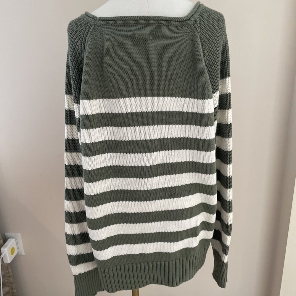Aerie Bistro Roll Neck Relaxed Sweater Women's L Olive Green Striped Cotton NWOT - Picture 7 of 16